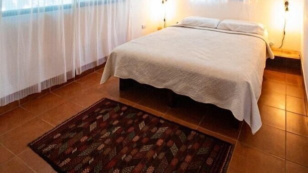 A bedroom with a wooden ceiling, a bed with white bedding, two windows with white curtains, and a patterned rug. - Guiones 1BR: Walk to Beach and Work (Playa Guiones)