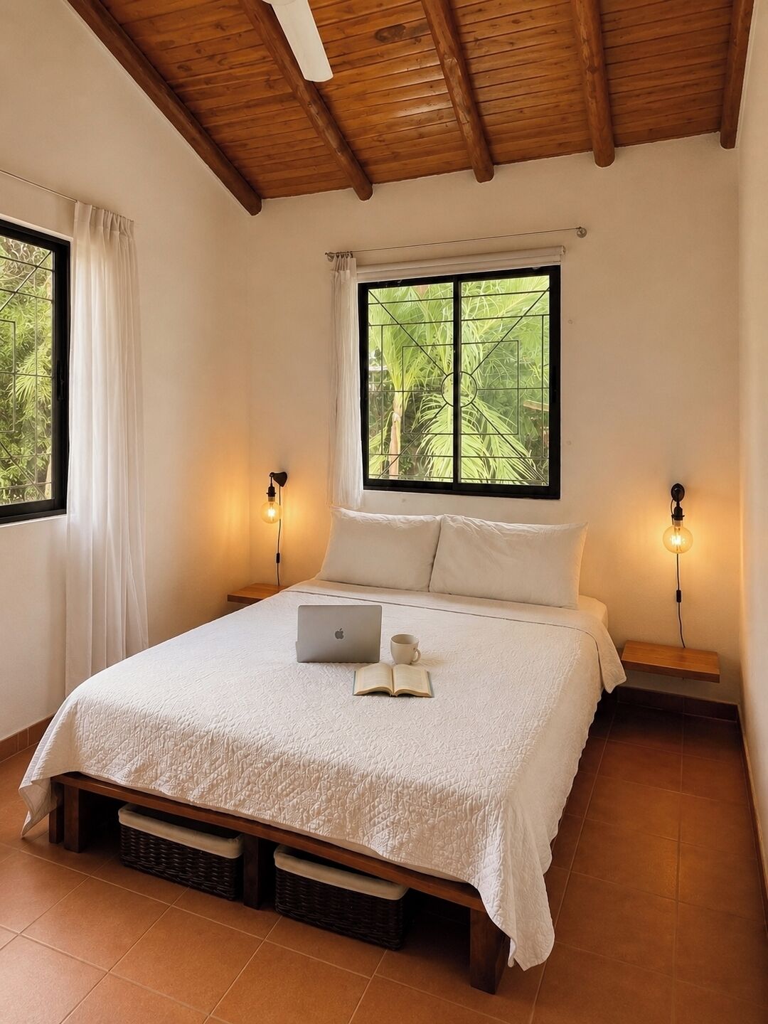 Un dormitorio con una cama, una computadora portátil y una taza sobre la cama. Hay dos lámparas de noche y una ventana con vistas a la vegetación.