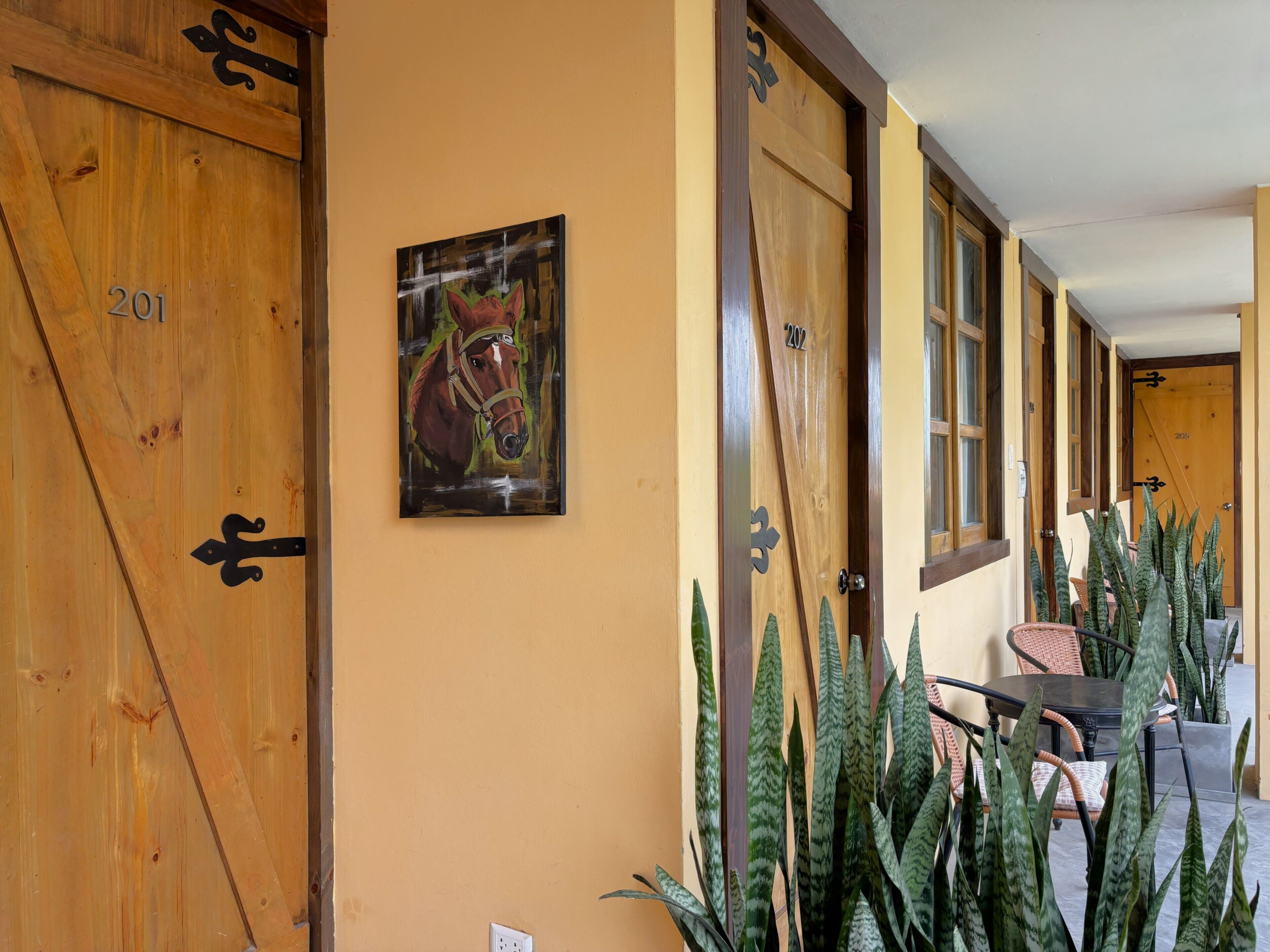 A hallway with wooden doors numbered 201 and 202, a painting of a horse, and a seating area with chairs and potted plants.