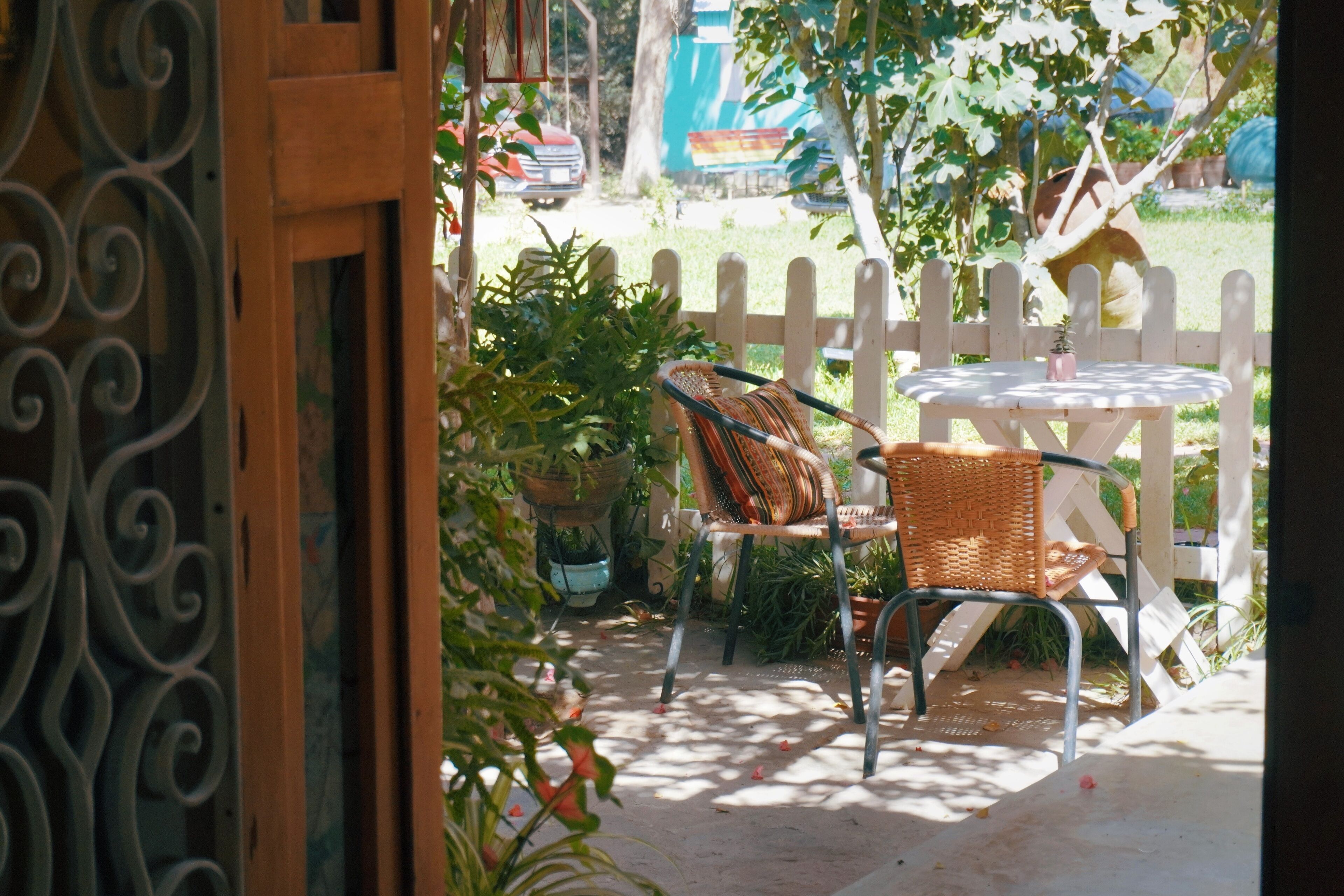 Une terrasse extérieure avec des chaises et une table en osier, entourée de plantes en pot et d’une clôture blanche en bois.