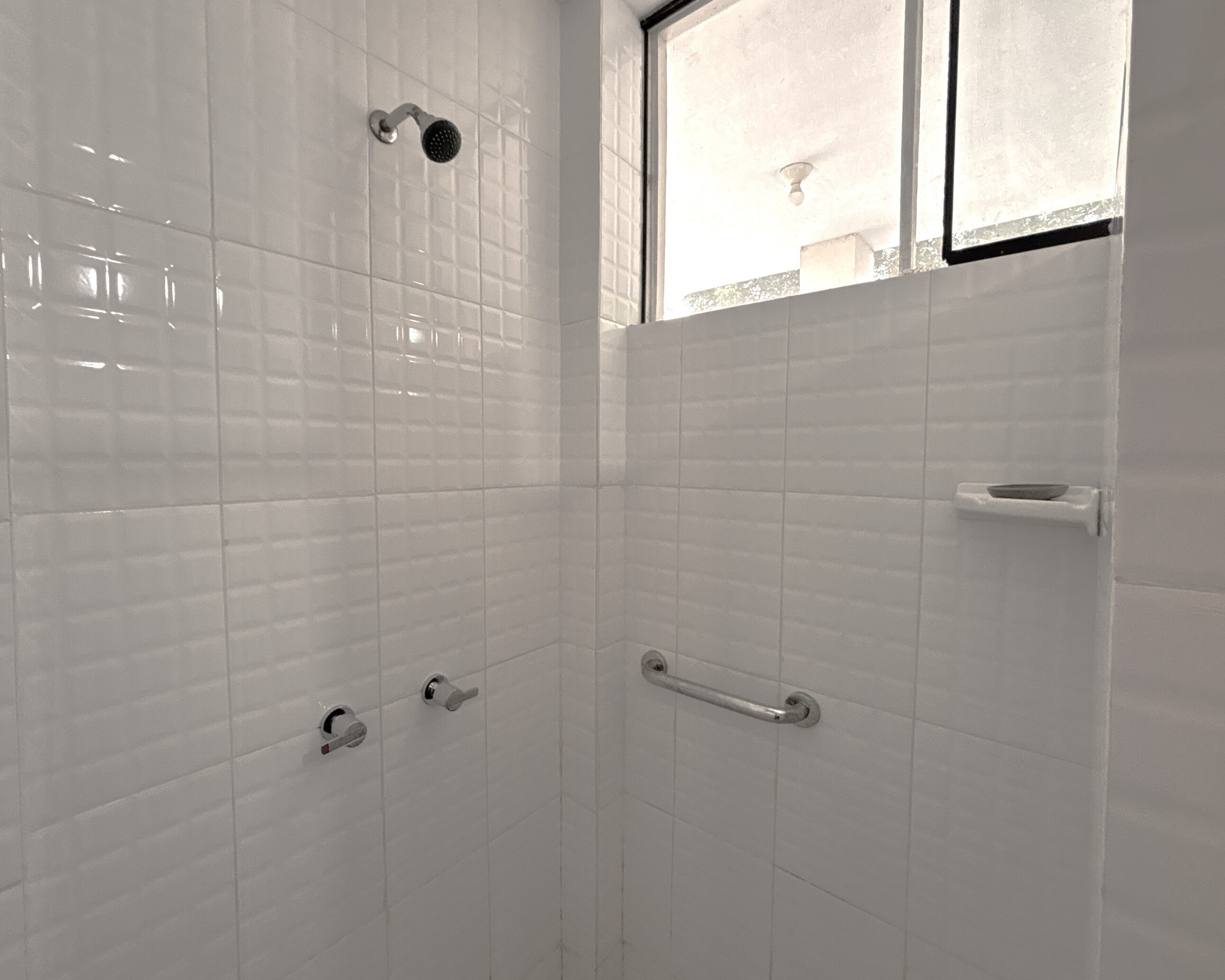 A bathroom with white tiled walls, a shower with a handheld showerhead, a toilet with a grab bar, and a window with a view of the outside.