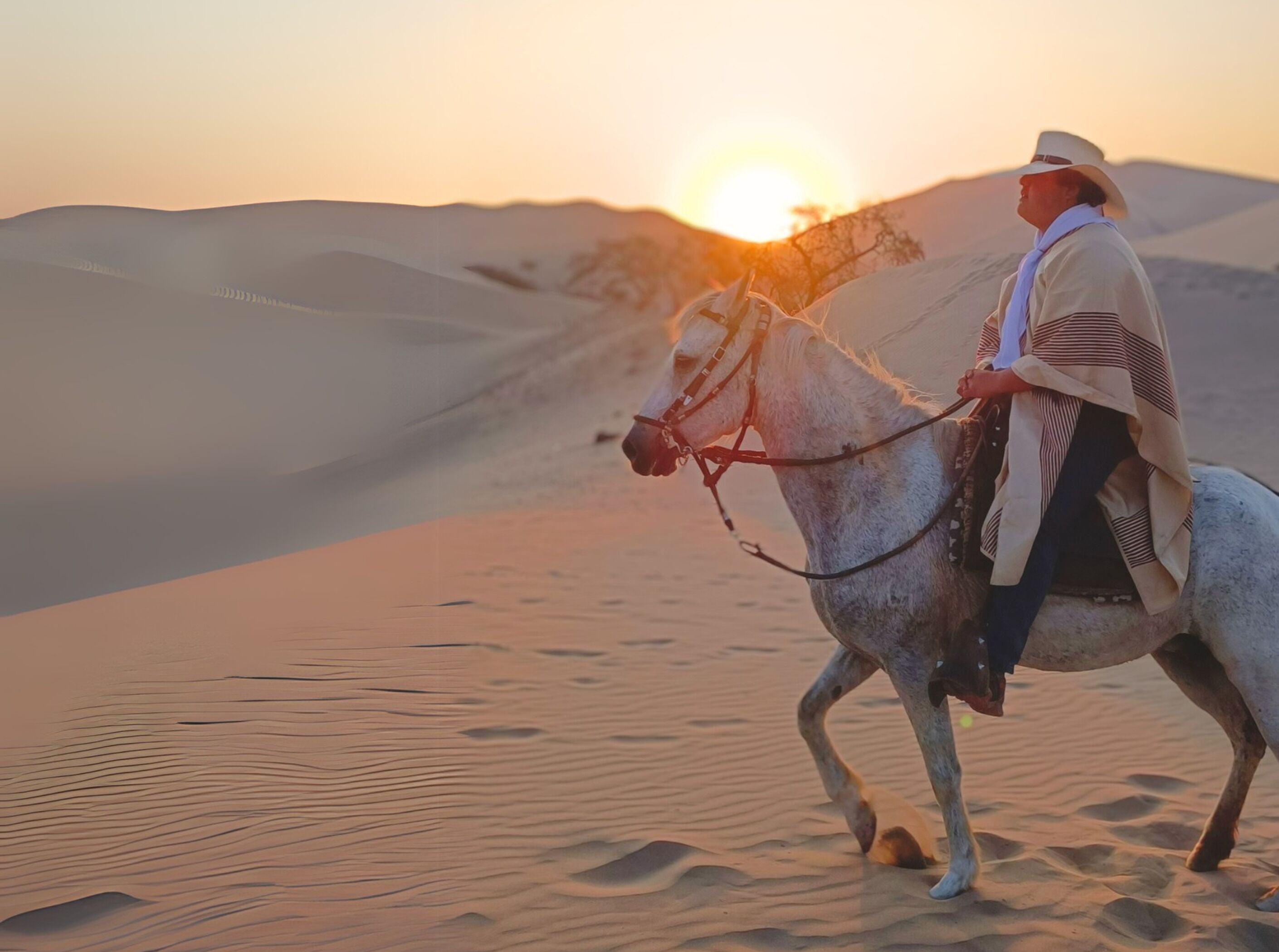 Una persona montando a caballo a través de un paisaje desértico con dunas de arena y un sol poniente al fondo.
