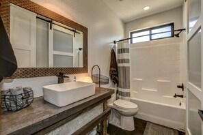Hair dryer, towels, soap, shampoo