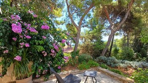 An outdoor seating area with wicker chairs and a potted plant. - Apartments Villa Pelegrin - Studio Apartment with Sea View (Apartment (Zavala)