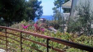 A balcony with a metal railing overlooking a garden with various plants and flowers, a building with a balcony, and a view of the sea in the background. - Apartments Villa Pelegrin - Studio Apartment with Sea View (Apartment (Zavala)