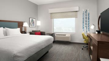 Desk, laptop workspace, blackout curtains, iron/ironing board