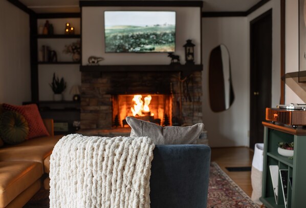 Smart TV, fireplace, video games, DVD player