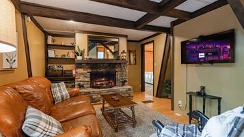 Smart TV, fireplace, video games, DVD player