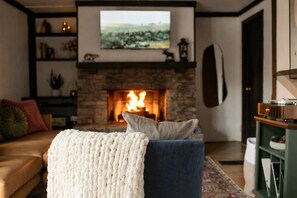 Smart TV, fireplace, video games, DVD player