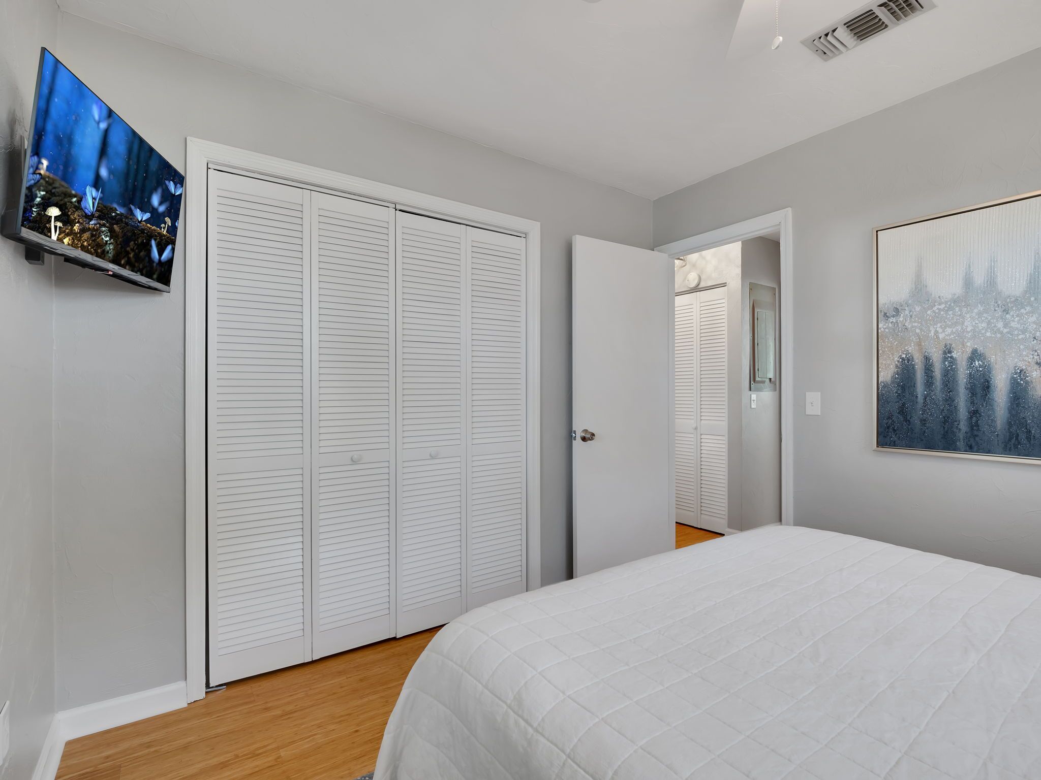 Un dormitorio con cama, armario, televisor y un cuadro.