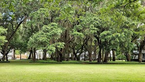 A park with a lawn and trees. - Low Country Cottage in Beautiful Habersham (Beaufort)