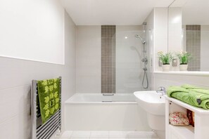 Hair dryer, towels, soap, shampoo