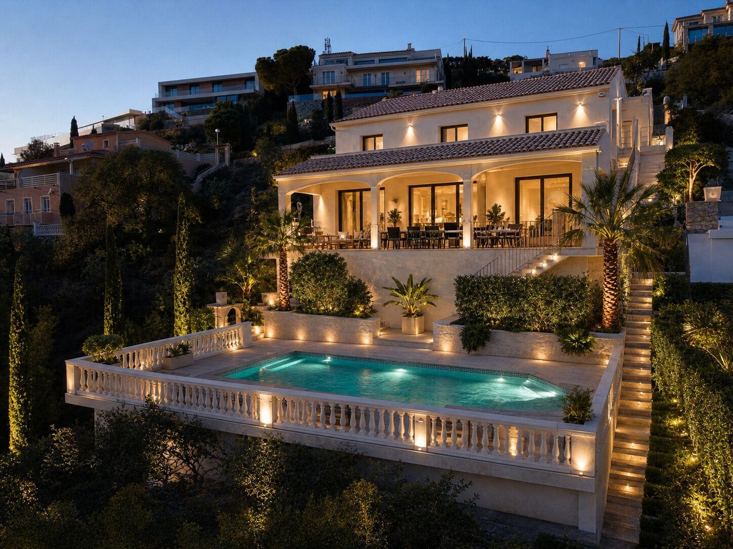 Una casa a più piani con piscina, area salotto esterna e un balcone ben illuminato.