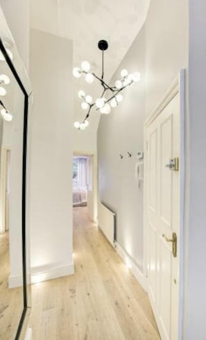 Stylish hallway with a black chandelier and traditional door.