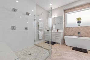 Hair dryer, towels, soap, shampoo