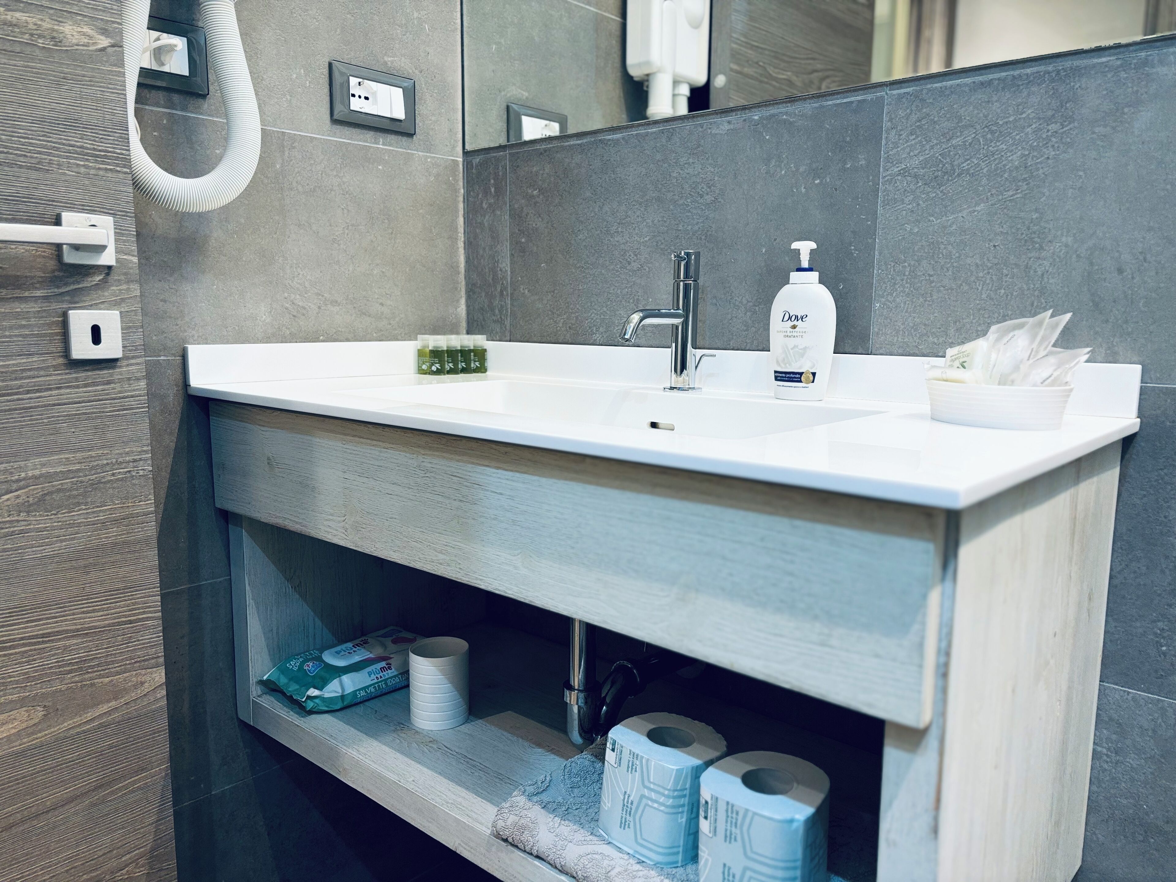 A modern bathroom with a white sink, a handheld showerhead, a Dove soap dispenser, and a tissue box.
