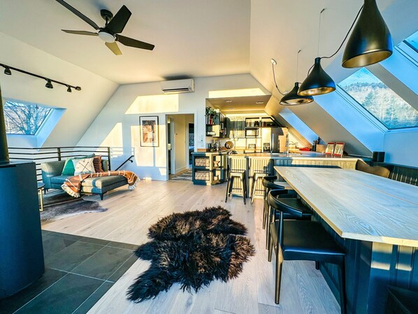 Smart TV, fireplace, stereo, offices