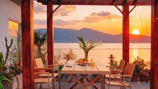 Ein Holztisch mit Stühlen und einer Blumenvase, vor einer Sonnenuntergangssicht.
