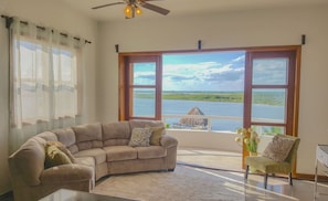 Smart TV, fireplace, books, printers