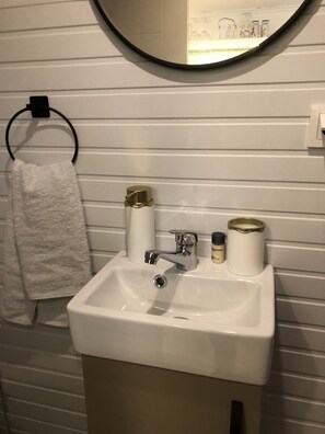 Rainfall showerhead, hair dryer, bathrobes, slippers