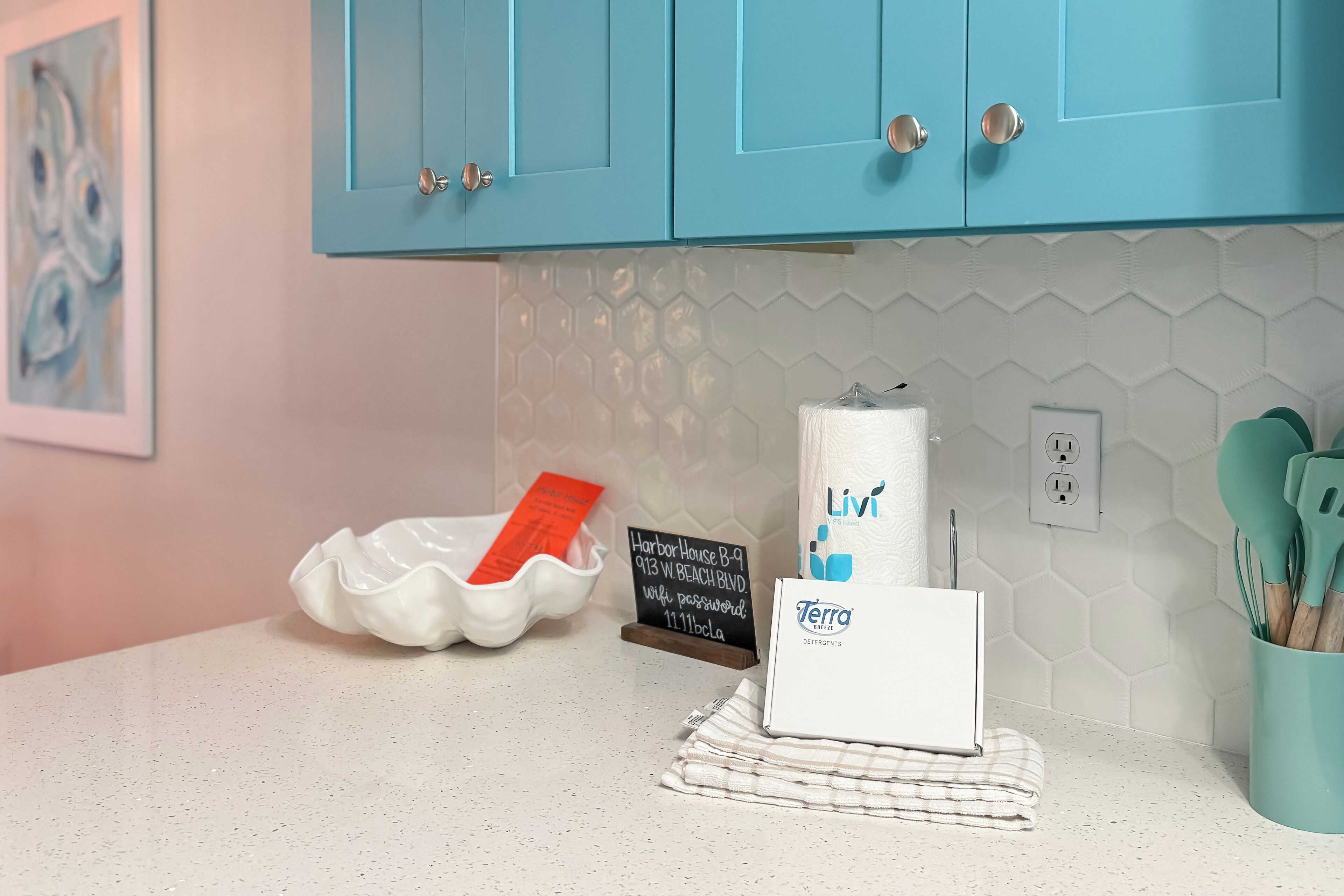 Un comptoir de cuisine avec un saladier blanc, un rouleau d’essuie-tout, un panneau indiquant le mot de passe du Wi-Fi et une boîte de lessive Terra Breeze.
