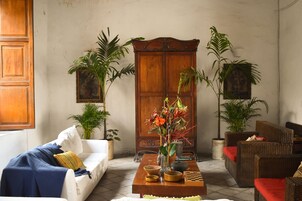 A living room with a sofa, armchair, wooden cabinet, and potted plants.