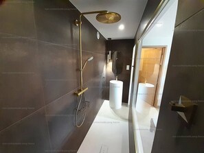 A modern bathroom with a glass-enclosed shower, a toilet, and a sink.