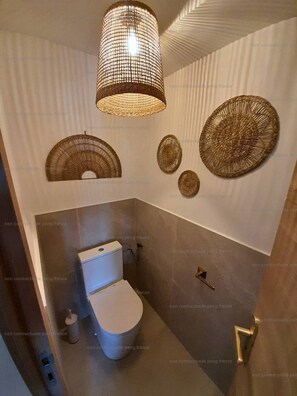 A bathroom with a toilet, a shower, a hanging light fixture, and decorative wall art.