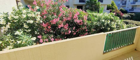 Un balcon agrémenté d’un parterre fleuri, d’un treillis végétal et d’un sol carrelé.