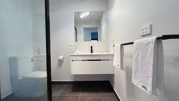 Shower, hair dryer, towels, shampoo