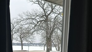 A view through a window with a view of a snow-covered landscape, bare trees, and a road. - Lake/Beach Getaway (Remodeled) (Round Lake Beach)
