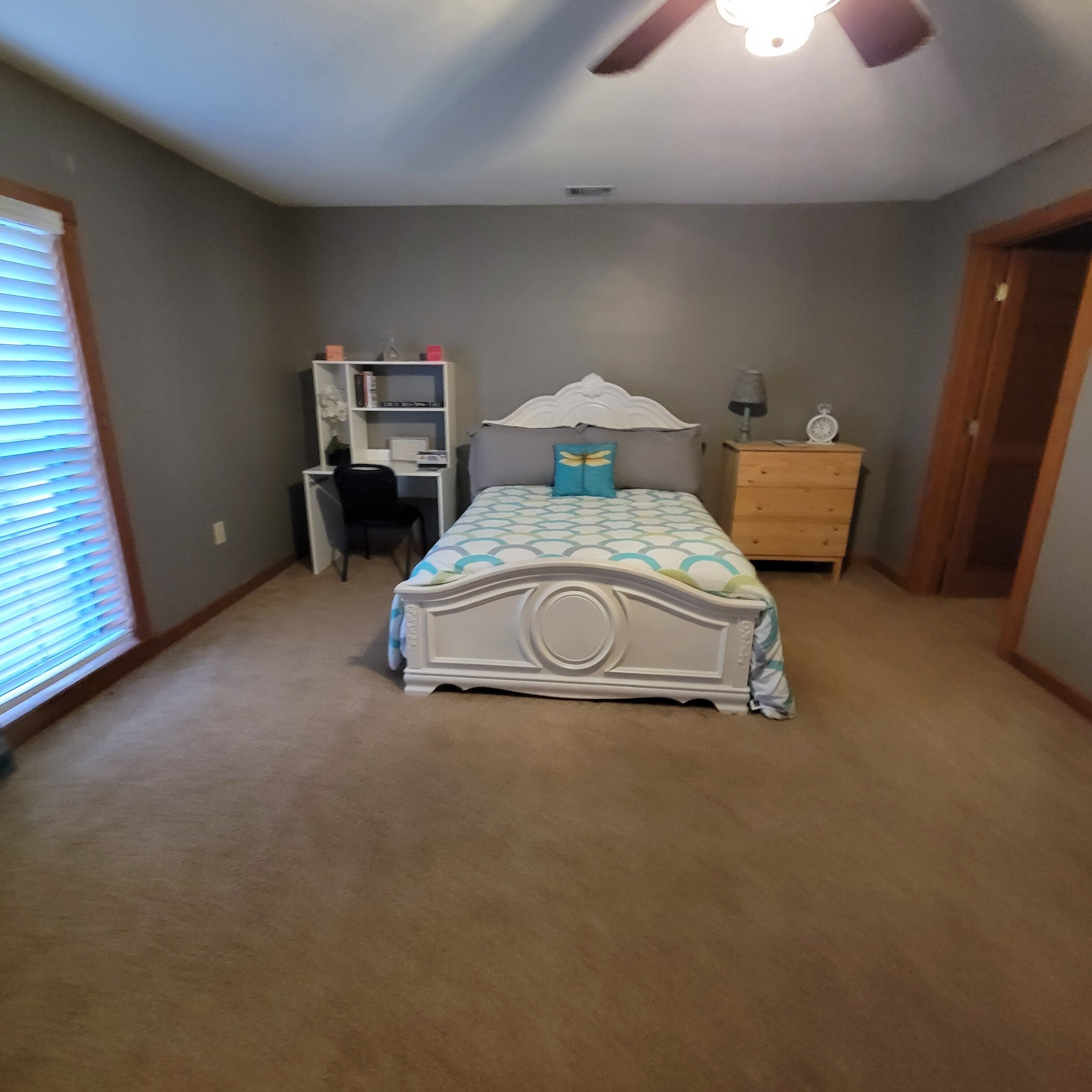Rocking Chair front porch looking out on sprawling pecan trees filled w/ nature.