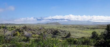 A vast, open landscape with rolling hills and sparse vegetation under a clear blue sky.