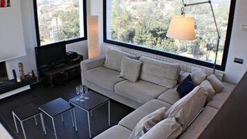 Una televisión, una chimenea