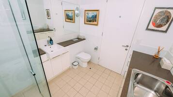 Shower, hair dryer, towels, soap