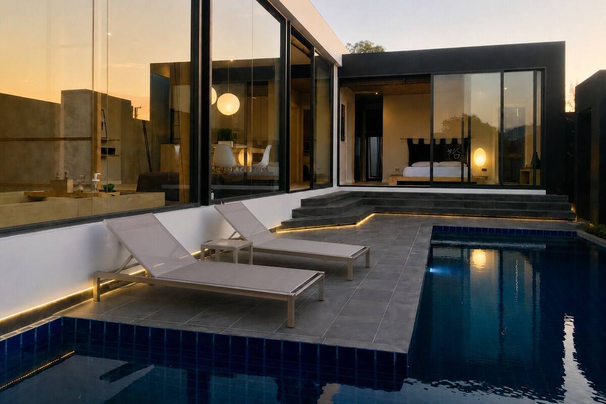 Una casa moderna con piscina, sillas de descanso y una habitación visible a través de amplios ventanales.