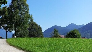 Un paisaje rural con un camino de grava, campos verdes y montañas al fondo.