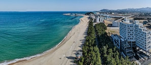 An aerial view of a coastal area with a beach, buildings, and a mountainous background.