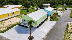 Zona residencial con casas, un camino pavimentado y una palmera.