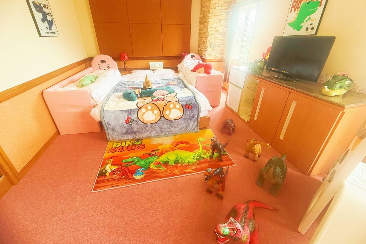 A child's bedroom with a bed, a TV, and various toys.