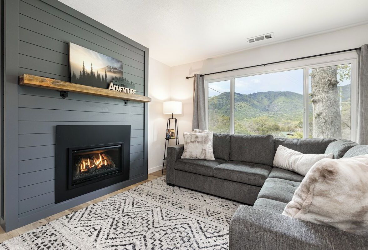 TV, fireplace, books, offices