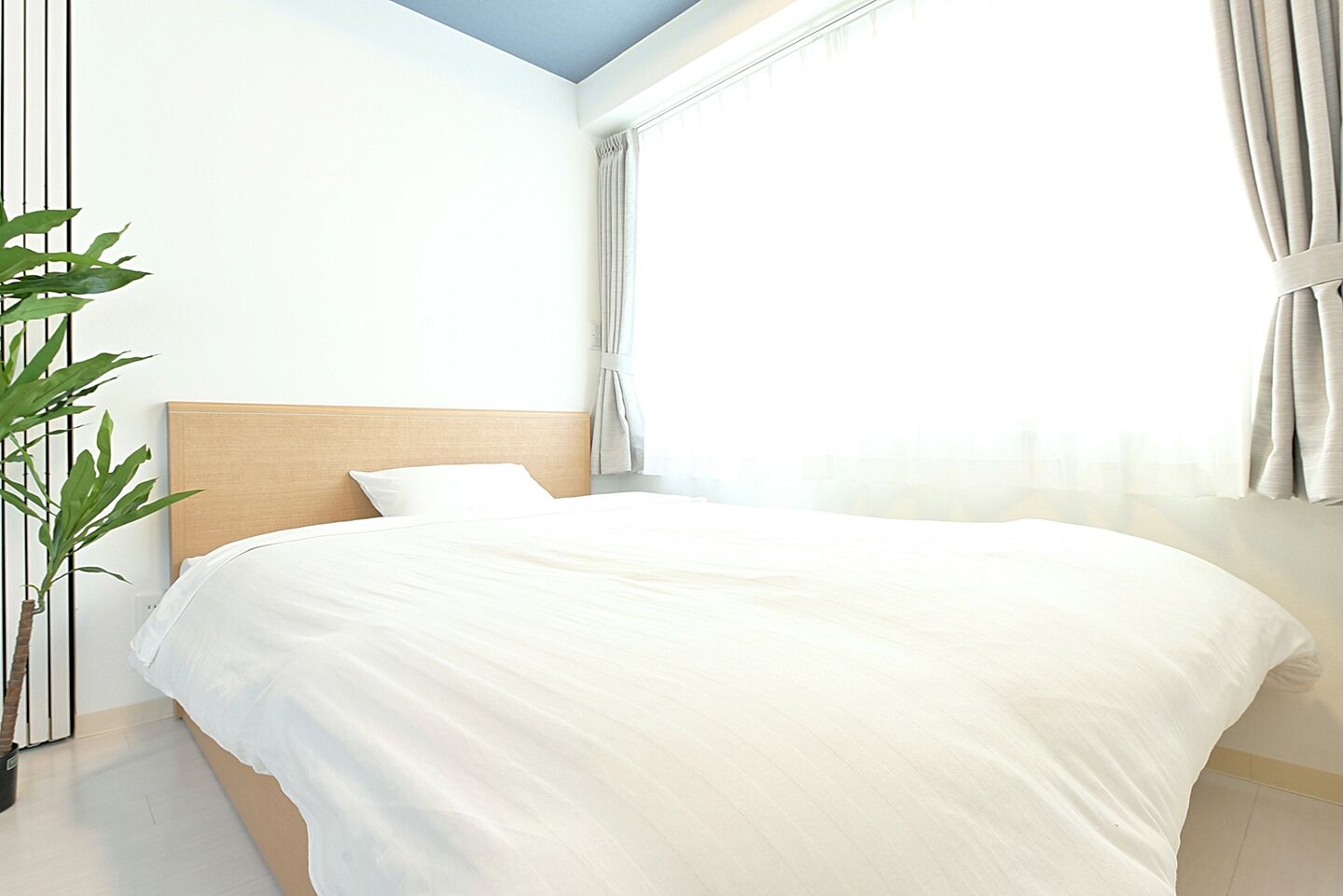 A neatly made bed in a room with a large window, a plant, and a light-colored headboard.