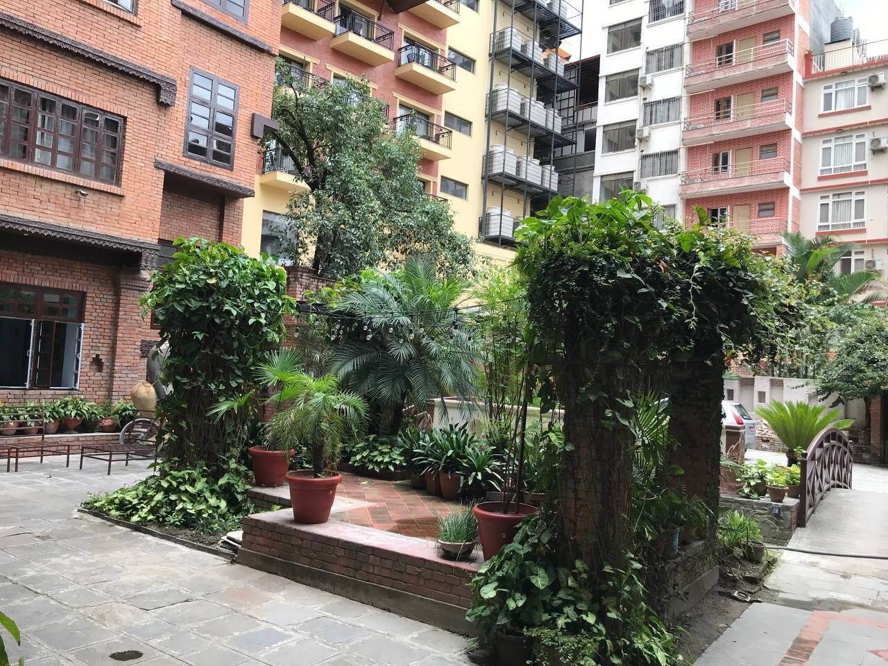 Une cour intérieure agrémentée de plantes en pot et dotée d’un chemin en briques.
