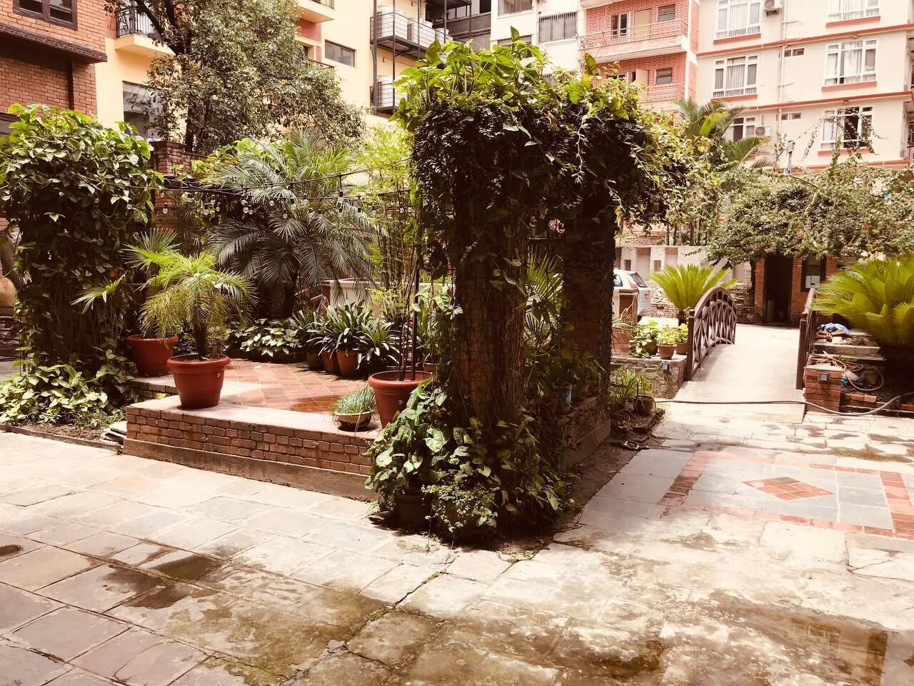 Une cour intérieure agrémentée de plantes en pot, un chemin bordé de briques et un escalier menant à un bâtiment.