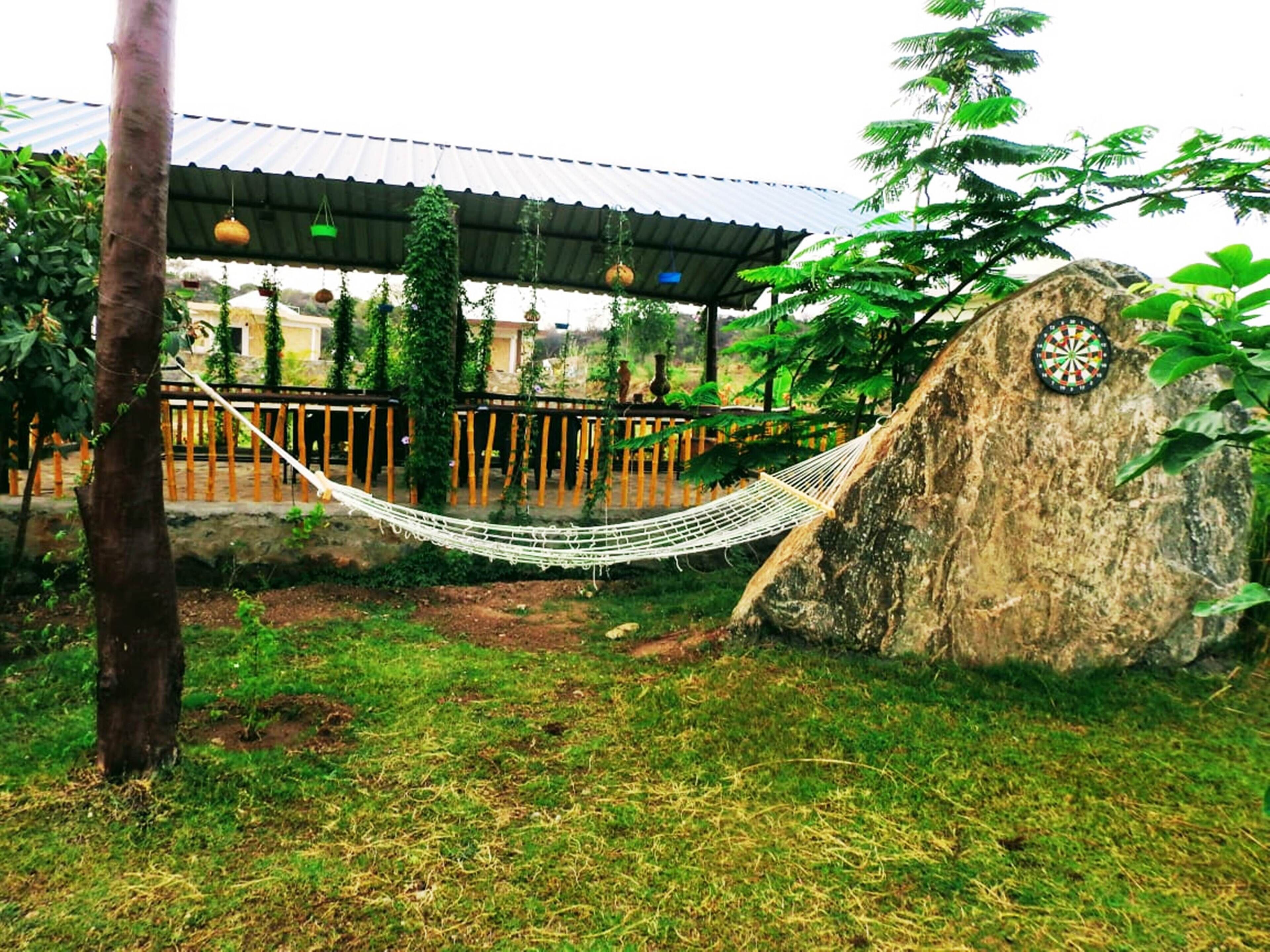 A hammock between trees, a large rock with a dartboard, and a covered area with hanging plants.