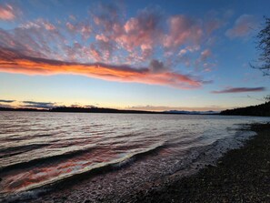 On the beach, sun loungers