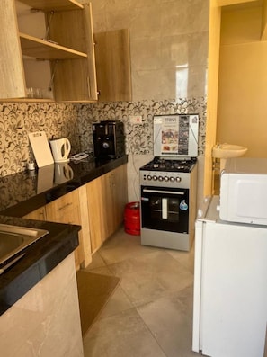Departamento Deluxe | Cocina privada | Refrigerador con congelador y microondas 