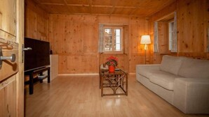 A wooden-paneled room with a sofa, a TV, a table with a lamp, and a window. - Gasthaus Alpina Salouf (Surses)