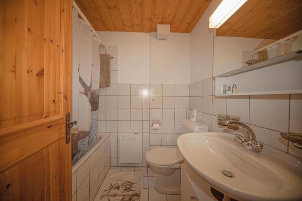 A bathroom with a wooden door, a toilet, a sink, and a shower area.