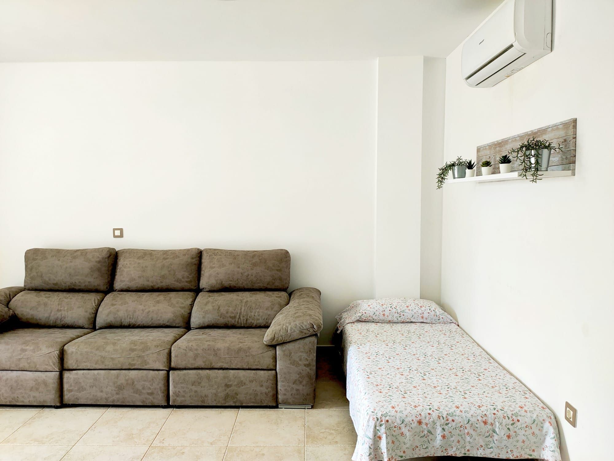A living room with a sofa and a bed, a wall-mounted air conditioner, and a shelf with plants.